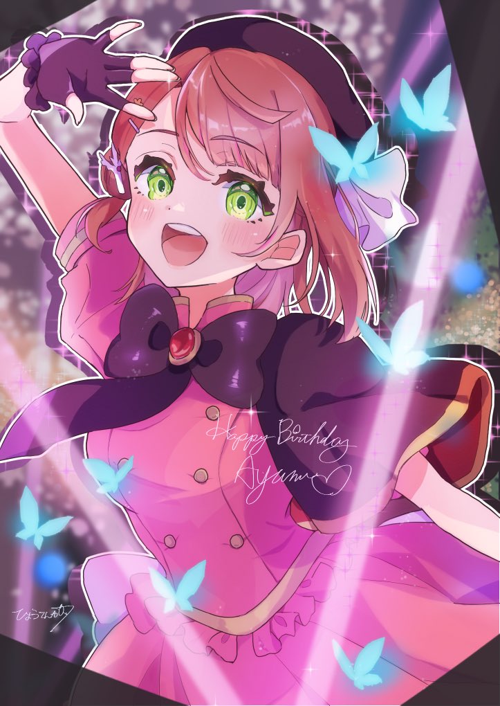 1girl, :d, arm_up, beret, black_bow, black_bowtie, black_capelet, black_gloves