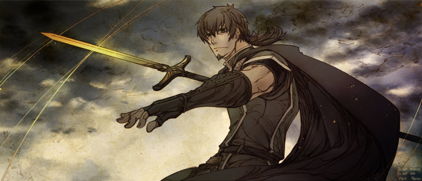 1boy, 55dopl3e, black_cape, blue_ribbon, brown_eyes, brown_hair, cape, closed_mouth