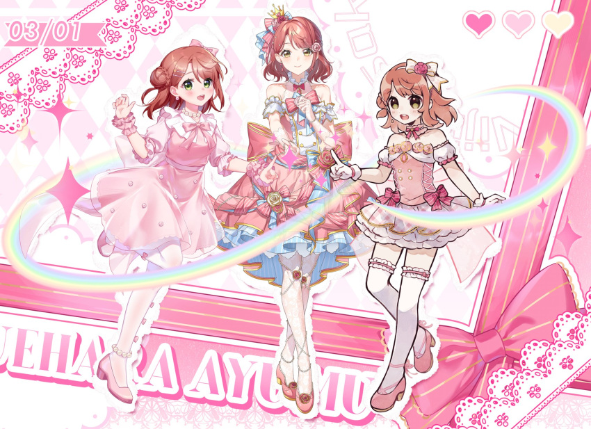 3girls, :d, artist_collaboration, bare_shoulders, blunt_bangs, blush, bow, bow_hairband