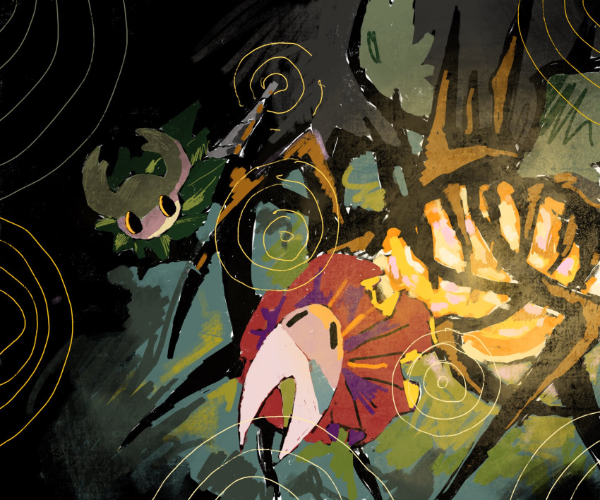 1boy, 1girl, 1other, abstract_background, black_background, black_skin, blue_background, cloak