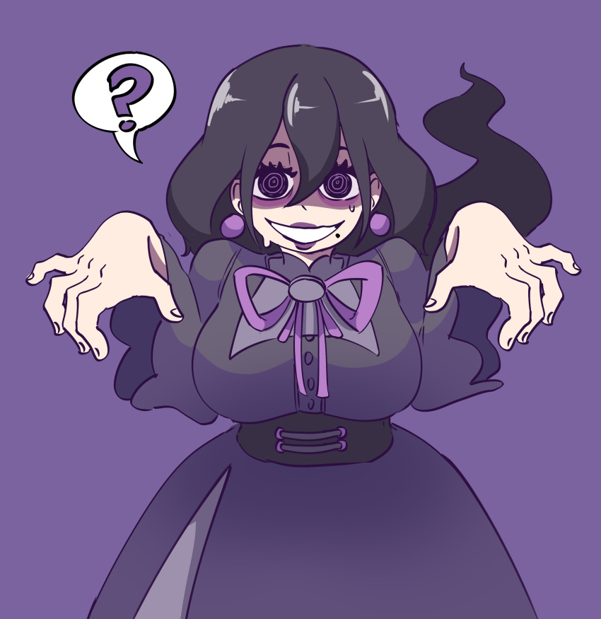 1girl, ?, @_@, absurdres, alternate_breast_size, bags_under_eyes, black_dress, black_eyes
