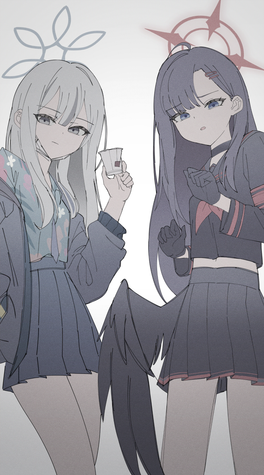 2girls, absurdres, black_choker, black_gloves, black_hair, black_jacket, black_serafuku, black_shirt