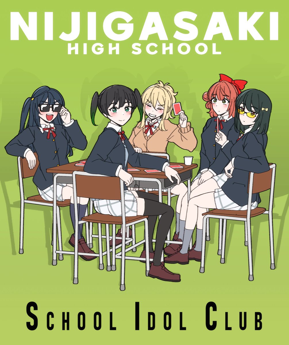 5girls, :d, album_cover, album_cover_redraw, arm_rest, bad_id, bad_twitter_id, black_hair