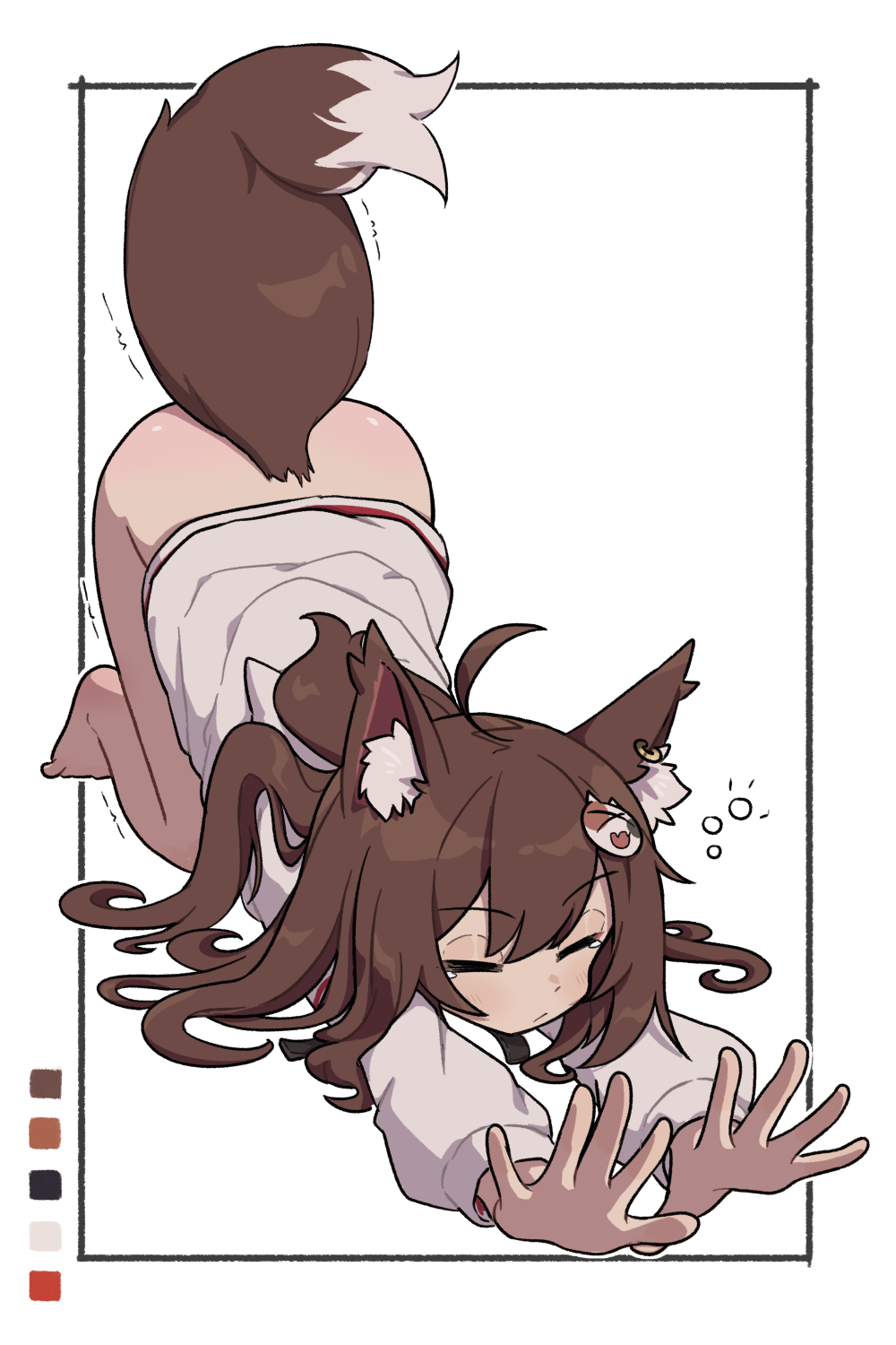 1girl, all_fours, animal_ears, barefoot, border, bottomless, brown_hair, cat_stretch, closed_eyes, color_guide, fox_ears, fox_girl, fox_tail, full_body, ghostfox9, highres, hood, hoodie, long_hair, looking_at_viewer, oni_kitsune_(ghostfox9), original, outside_border, sleepy, stretching, tail, tears, top-down_bottom-up, white_hoodie