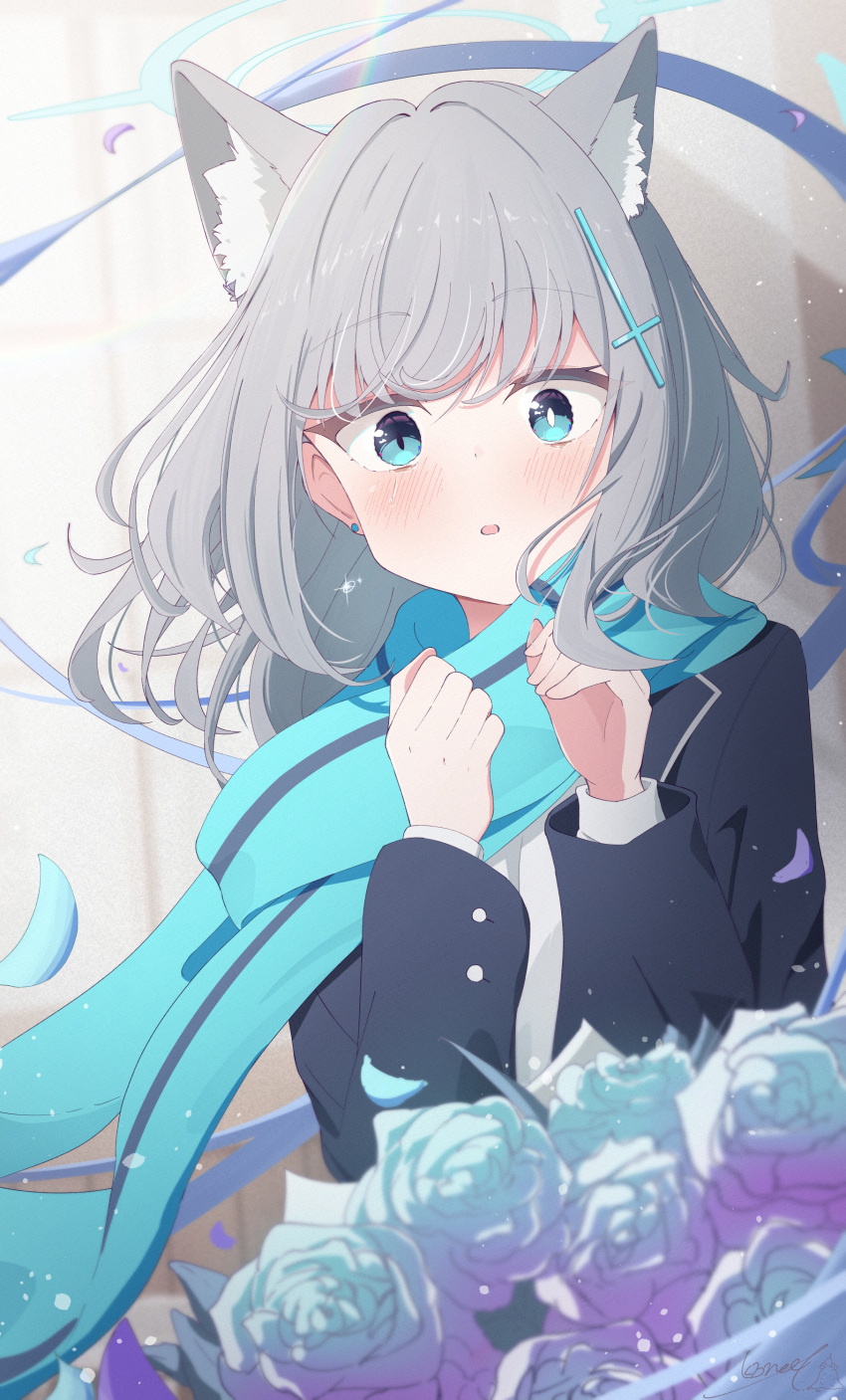 1girl, :o, absurdres, animal_ear_fluff, animal_ears, black_jacket, blue_archive, blue_eyes