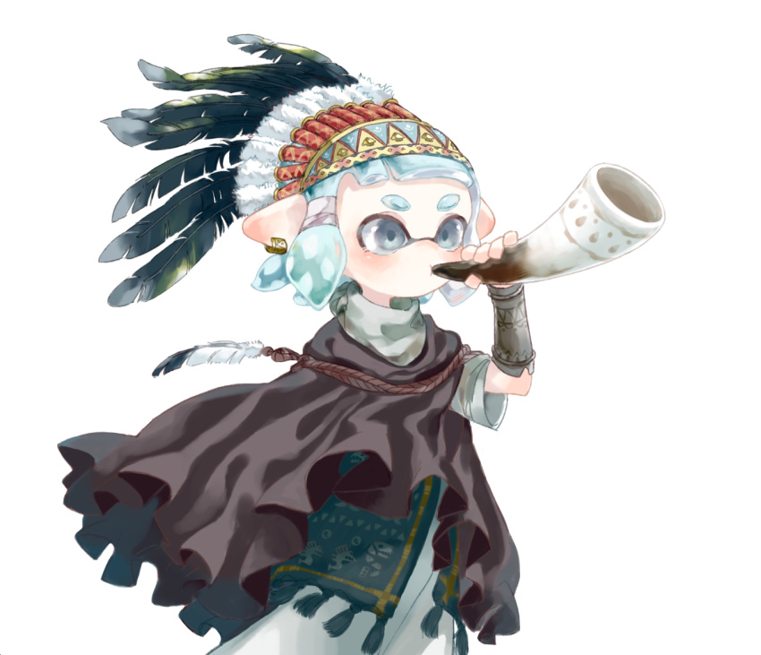 1girl, ajomo, blue_eyes, blue_hair, bracer, brown_cape, cape, earclip, headdress, inkling, inkling_girl, inkling_player_character, native_american_headdress, pointy_ears, shirt, short_hair, short_sleeves, solo, splatoon_(series), tentacle_hair, turtleneck, turtleneck_shirt, upper_body, white_background, white_shirt