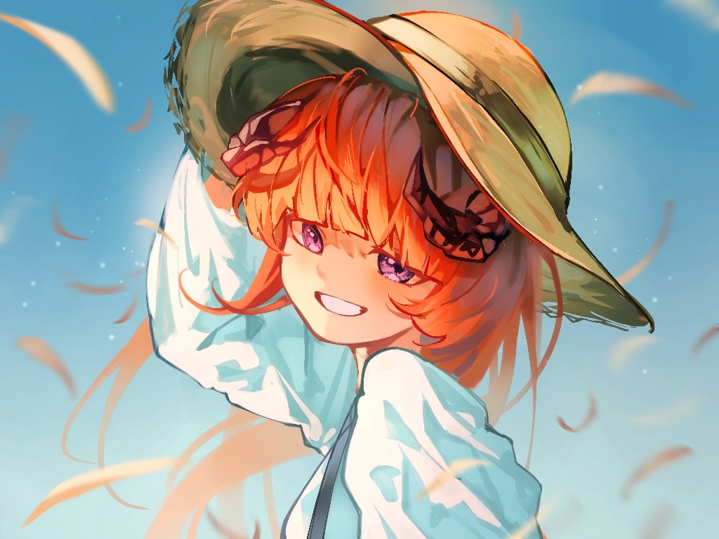 1girl, aimu_(yazidmubarok_07), arknights, arm_up, bagpipe_(arknights), bagpipe_(echo_of_bagpipes)_(arknights), blue_sky, commentary, dragon_girl, dragon_horns, english_commentary, grin, hand_on_headwear, hat, horns, long_hair, long_sleeves, official_alternate_costume, orange_hair, outdoors, portrait, shirt, sky, smile, solo, straw_hat, suspenders, violet_eyes, white_shirt