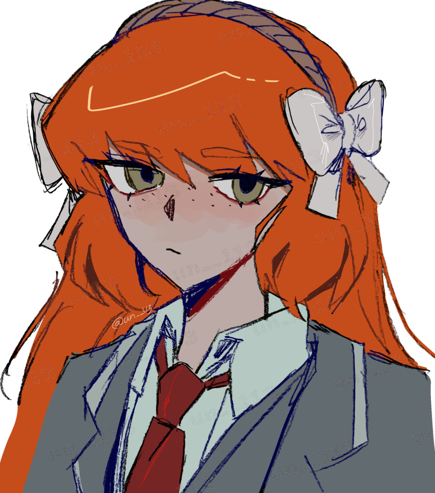1girl, absurdres, expressionless, freckles, grey_jacket, highres, ishmael_(project_moon), jacket, lapels, limbus_company, looking_at_viewer, necktie, orange_hair, portrait, project_moon, red_necktie, simple_background, solo, un_113, vellmori_(style), white_background