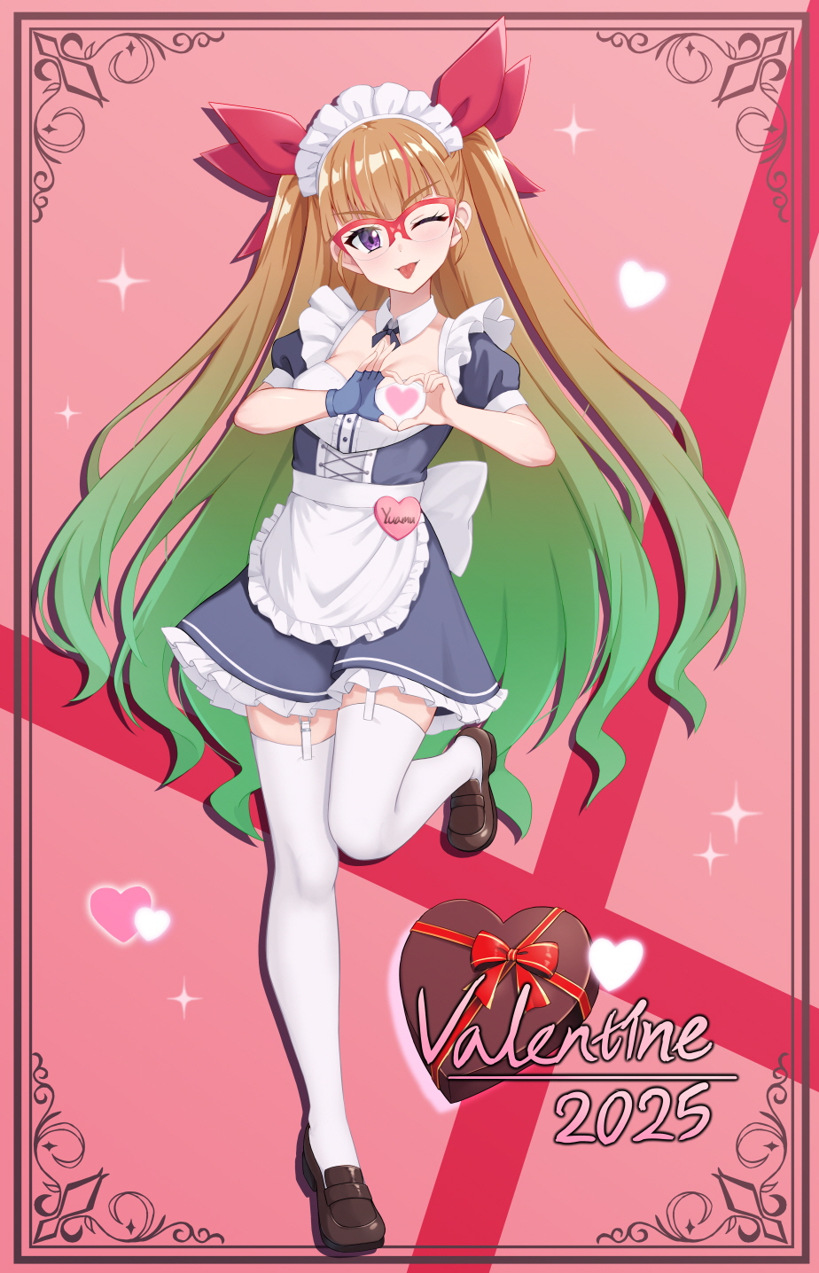 1girl, alcmls1230, alternate_costume, apron, black_dress, black_shoes, blue_gloves, bow, box, brown_hair, collar, detached_collar, dress, fingerless_gloves, garter_straps, glasses, gloves, gradient_hair, green_hair, hair_bow, heart, heart-shaped_box, heart_hands, highres, leg_up, long_hair, looking_at_viewer, maid, maid_apron, maid_headdress, mary_janes, multicolored_hair, ohdo_yuamu, red-framed_eyewear, red_bow, red_hair, shoes, single_glove, smile, solo, streaked_hair, thigh-highs, tongue, tongue_out, twintails, two_side_up, very_long_hair, white_apron, white_collar, white_garter_straps, white_headdress, white_thighhighs, yu-gi-oh!, yu-gi-oh!_go_rush!!