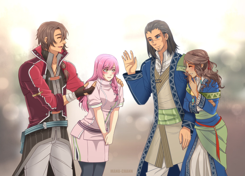 2boys, 2girls, black_hair, blue_eyes, braid, brown_hair, closed_eyes, coat, commission, curtained_hair, eiyuu_densetsu, english_commentary, fingerless_gloves, gaius_worzel, glove_cutout, gloves, hair_between_eyes, half_updo, high_collar, highres, jewelry, linde_(eiyuu_densetsu), long_hair, manu-chann, multiple_boys, multiple_girls, nurse, pendant, second-party_source, sen_no_kiseki_(series), sen_no_kiseki_iii, side_braid, single_braid, smile, wavy_hair, yellow_eyes