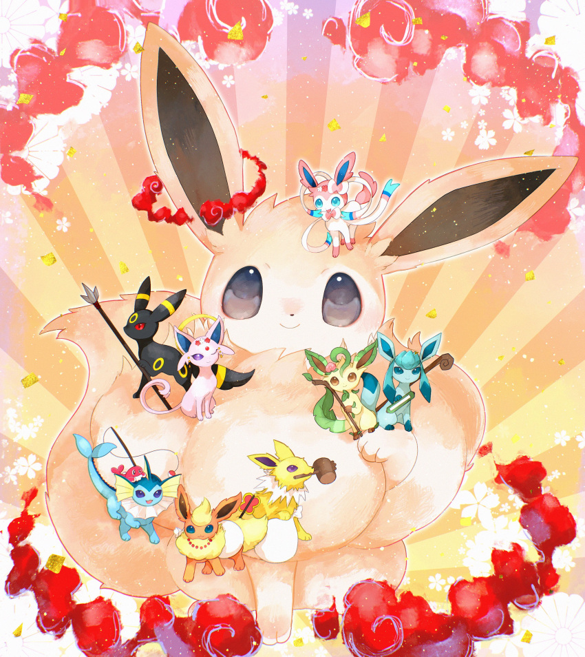 absurdres, alternate_color, animal_focus, bag, commentary_request, confetti, eevee, espeon