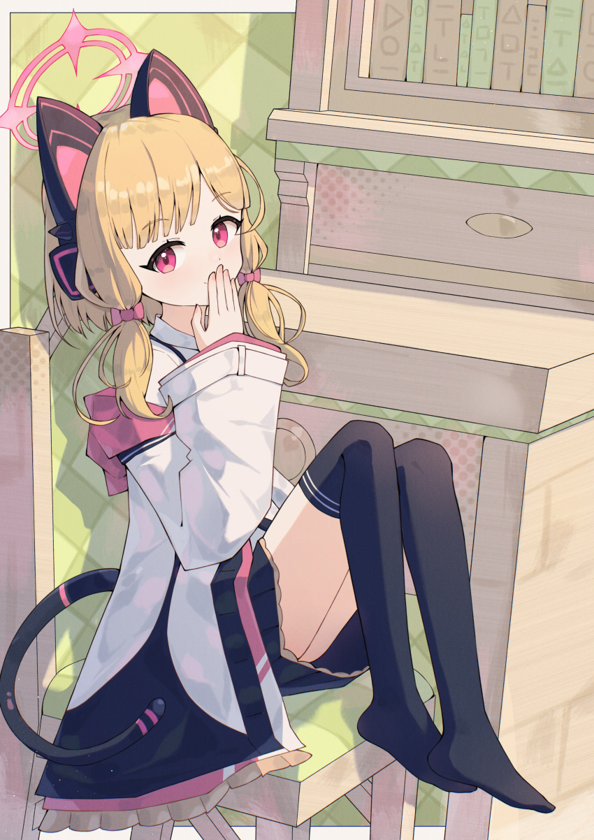 1girl, absurdres, animal_ear_headphones, animal_ears, anleewind, black_skirt, black_thighhighs, blonde_hair