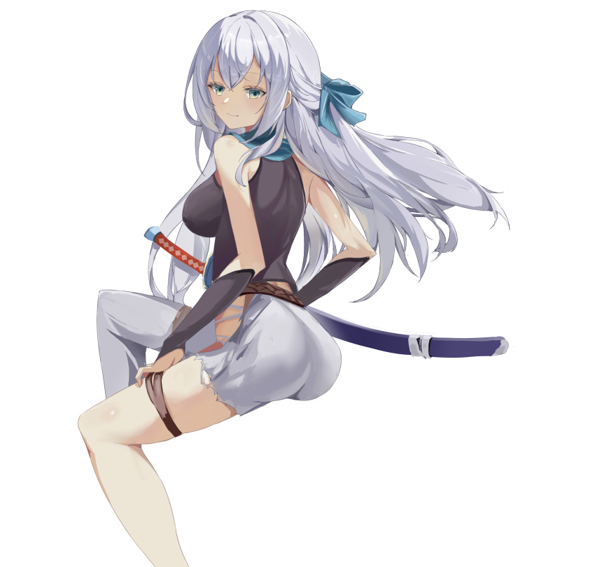 1girl, absurdres, asymmetrical_legwear, bare_shoulders, blue_eyes, breasts, bridal_gauntlets, denim