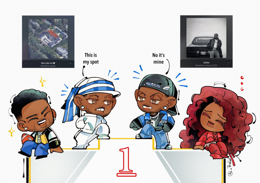 1girl, 3boys, ^_^, american_football_(object), backwards_hat, ball, baseball_cap, black_shirt, blue_jacket, blue_pants, brown_eyes, chibi, closed_eyes, dark-skinned_female, dark-skinned_male, dark_skin, denim, dj_mustard, drenched-in-sunlight, dual_persona, earrings, english_commentary, english_text, frown, gnx_(kendrick_lamar), hair_behind_ear, hat, jacket, jeans, jewelry, kendrick_lamar, laughing, multiple_boys, necklace, not_like_us, open_mouth, pants, parted_lips, real_life, red_hair, red_jacket, red_pants, red_shirt, red_shoes, shirt, shoes, sitting, smile, sparkle, sweatpants, sza_(singer), twitter_username, v-shaped_eyebrows, white_hat, white_jacket, white_pants, white_shirt, yellow_jacket