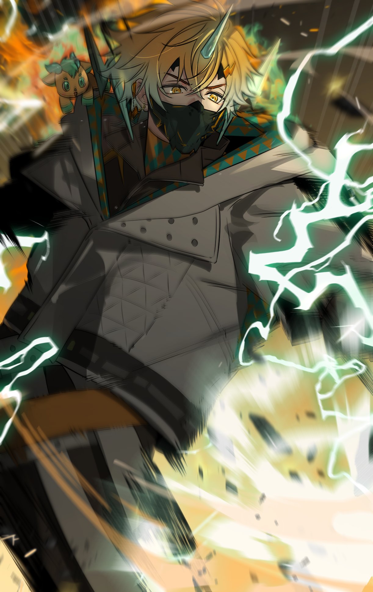 1boy, aqua_hair, aqua_horns, black_mask, commentary_request, crossed_bangs, earrings, electricity