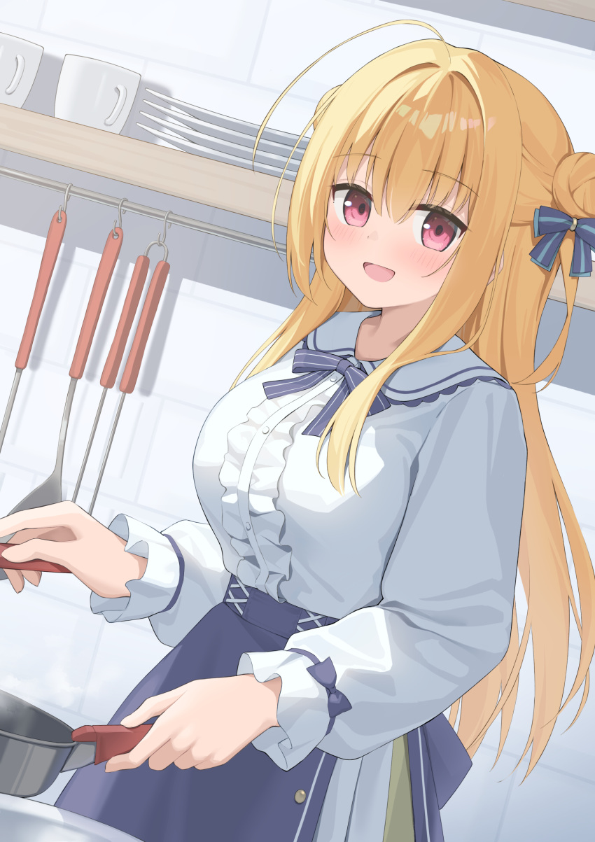 1girl, :d, absurdres, ahoge, blonde_hair, blue_bow, blue_skirt, blush, bow, breasts, center_frills, commentary_request, cooking, cowboy_shot, double_bun, dutch_angle, frilled_shirt, frills, hair_between_eyes, hair_bow, hair_bun, hamidashi_creative, happy, highres, holding, hotarihotaru, huge_ahoge, indoors, izumi_hiyori, kitchen, large_breasts, long_hair, long_sleeves, looking_at_viewer, open_mouth, puffy_long_sleeves, puffy_sleeves, red_eyes, sailor_collar, shirt, sidelighting, sidelocks, skirt, sleeve_bow, smile, solo, straight_hair, tile_wall, tiles, two_side_up, very_long_hair, white_sailor_collar, white_shirt