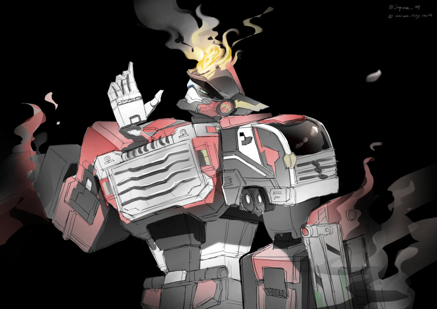 absurdres, black_background, fire, flame_nova, green_eyes, head_tilt, highres, japsae