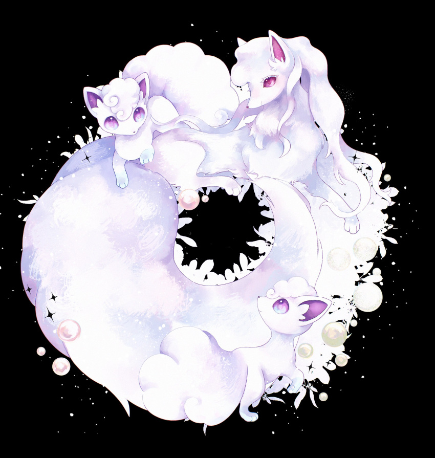 absurdres, alolan_ninetales, alolan_vulpix, alternate_color, animal_focus, black_background, bubble, closed_mouth, commentary, evolutionary_line, highres, no_humans, pink_eyes, pokemon, pokemon_(creature), sasano_hamochi, shiny_pokemon, smile, symbol-only_commentary