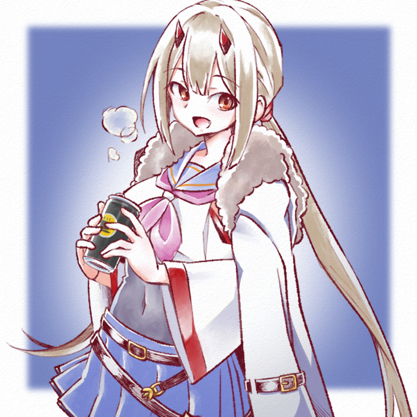 1girl, :d, assault_lily, belt, belt_buckle, black_belt, black_shirt, blue_background, blue_sailor_collar, blue_skirt, border, breasts, breath, brown_eyes, buckle, can, coat, coat_on_shoulders, commentary_request, covered_navel, cowboy_shot, crop_top, digamma, drink_can, fang, fujita_asagao, fur-trimmed_coat, fur_trim, grey_hair, hands_up, highres, horns, long_hair, long_sleeves, looking_at_viewer, low_twintails, mechanical_horns, medium_breasts, miniskirt, neckerchief, odaiba_girls_high_school_uniform, outside_border, pleated_skirt, purple_neckerchief, red_horns, sailor_collar, school_uniform, serafuku, shirt, skirt, smile, solo, standing, twintails, undershirt, very_long_hair, white_border, wide_sleeves
