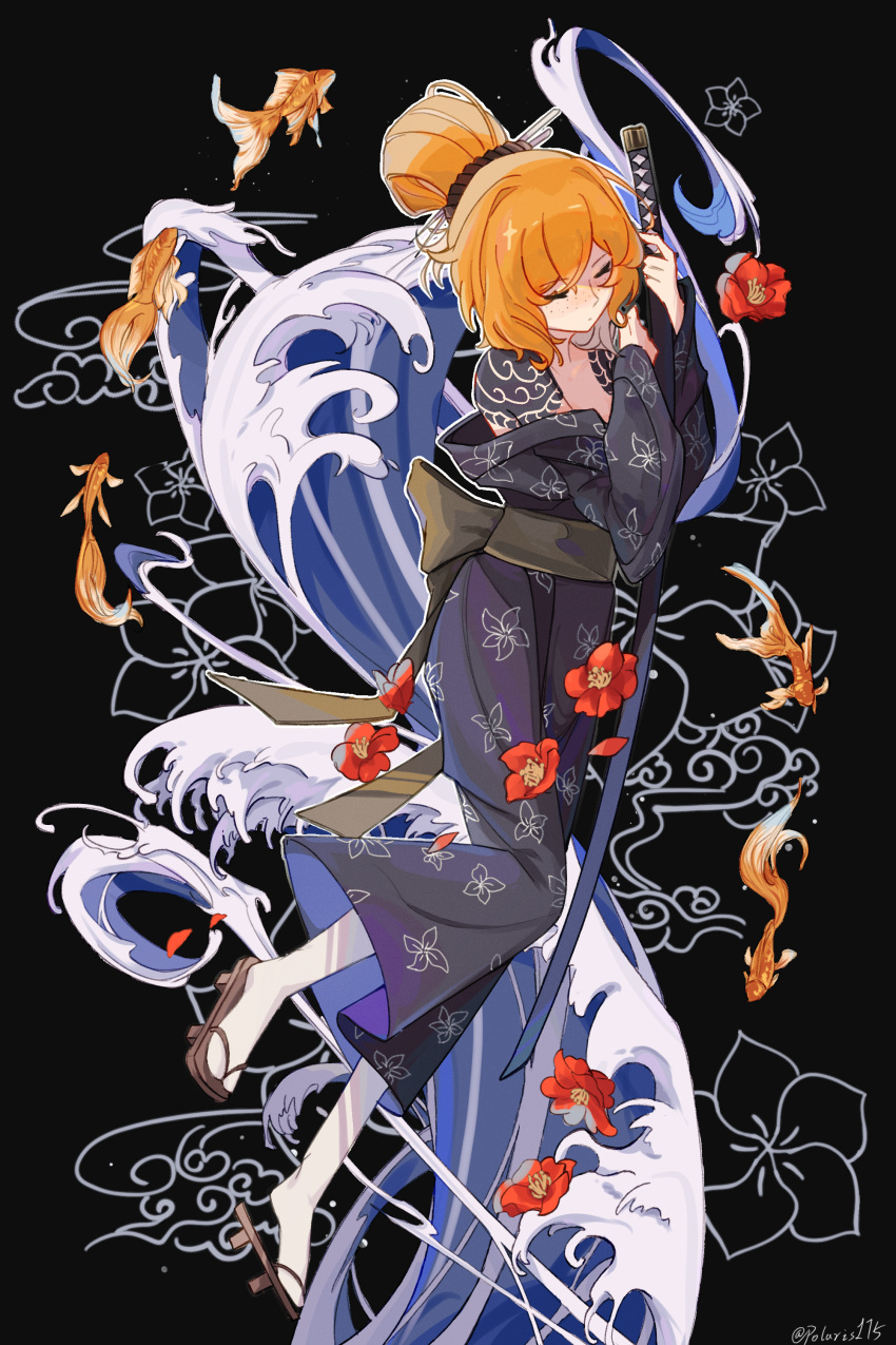 1girl, absurdres, bare_shoulders, black_background, black_kimono, brown_sash, closed_eyes, dajie_de_erji_xian, fish, floral_print, floral_print_kimono, flower, freckles, geta, goldfish, hair_rings, highres, holding, holding_sword, holding_weapon, hugging_object, irezumi, ishmael_(project_moon), japanese_clothes, kimono, kurokumo_clan_(identity)_(project_moon), limbus_company, obi, off_shoulder, orange_hair, print_kimono, project_moon, red_flower, sash, simple_background, single_hair_ring, socks, solo, sword, tabi, tattoo, waves, weapon, white_socks
