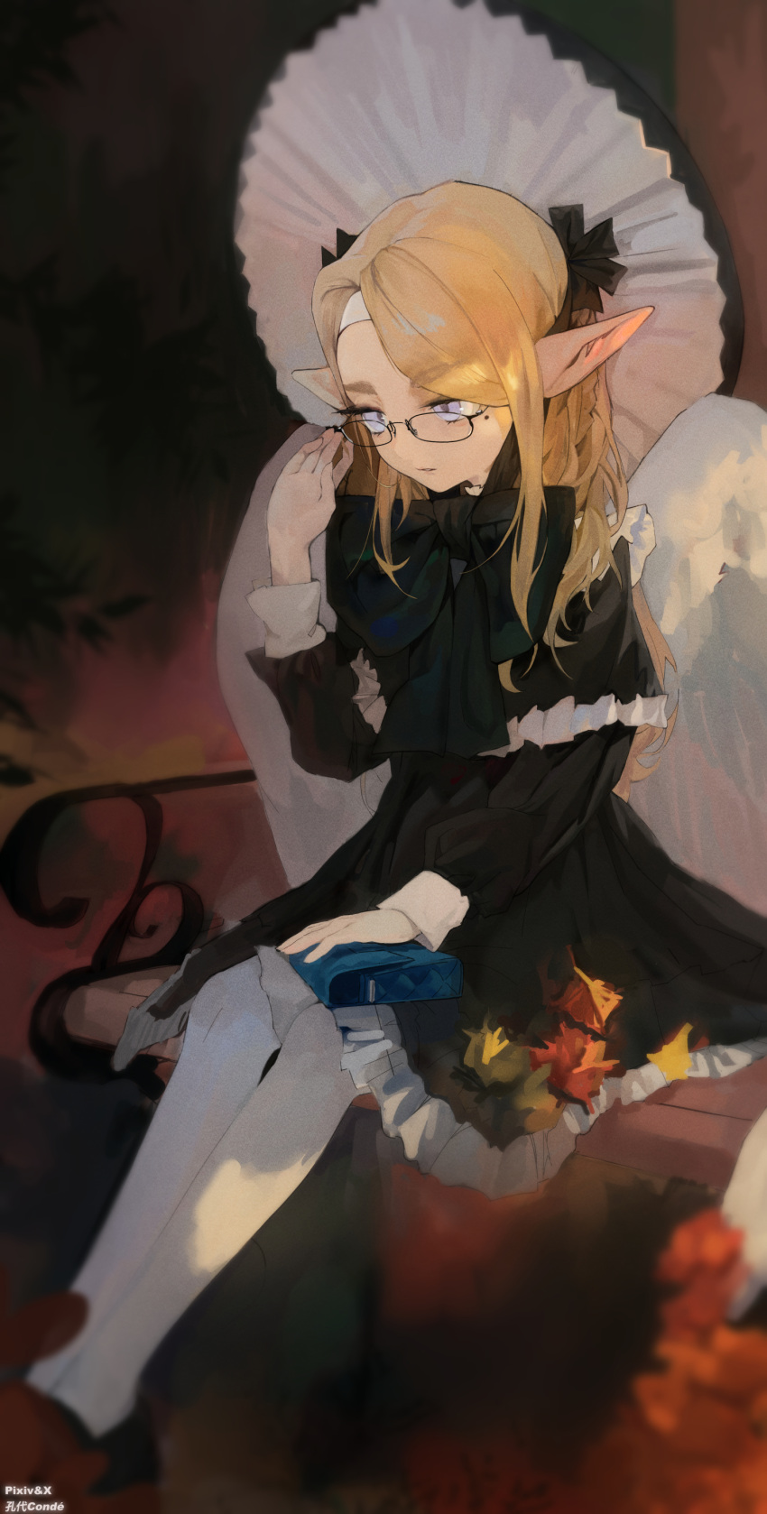 1girl, 240mmap, absurdres, bench, black_dress, blonde_hair, blue_eyes, bow