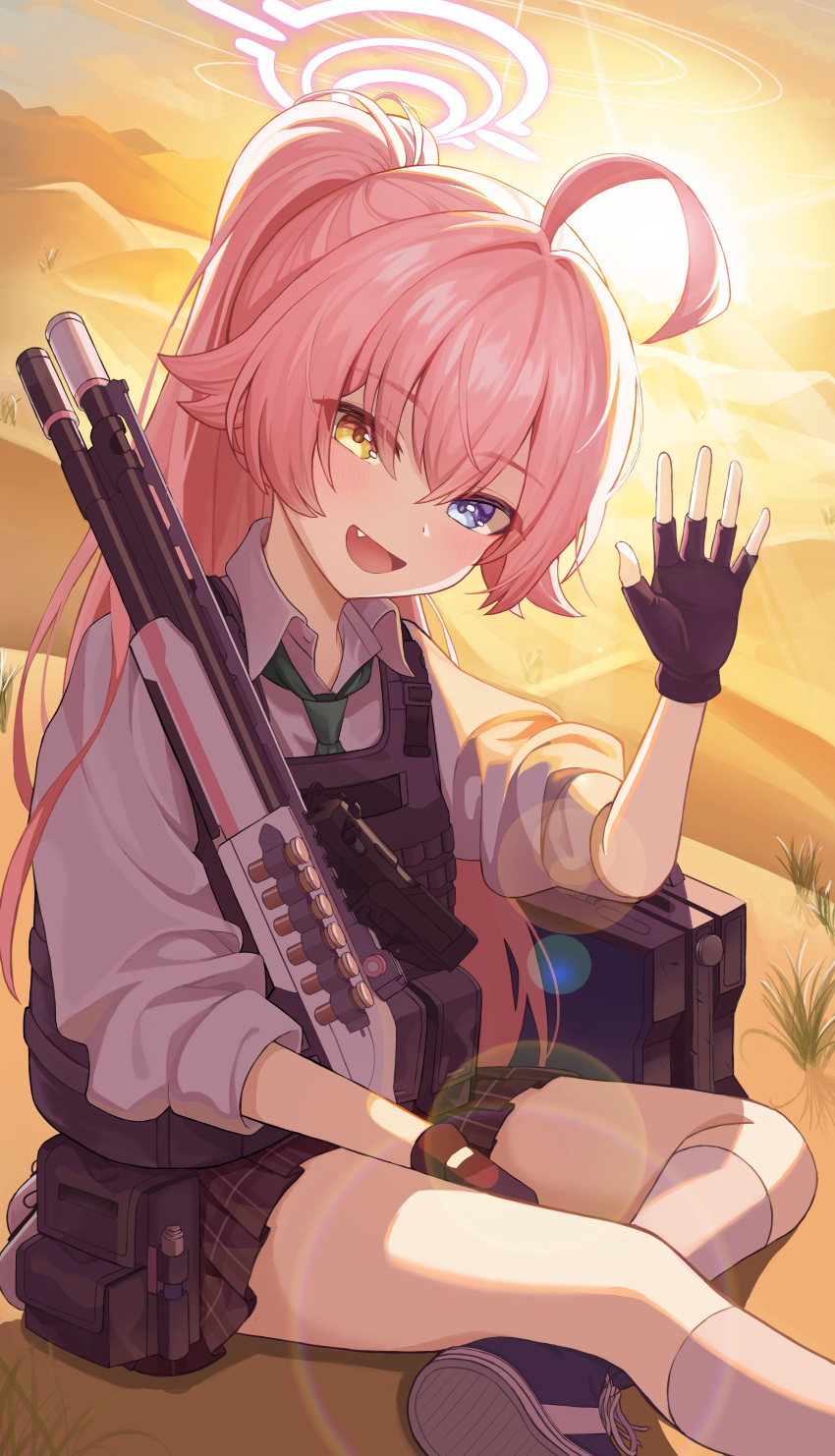 1girl, absurdres, ahoge, black_gloves, black_skirt, blue_archive, blue_eyes, blue_shoes