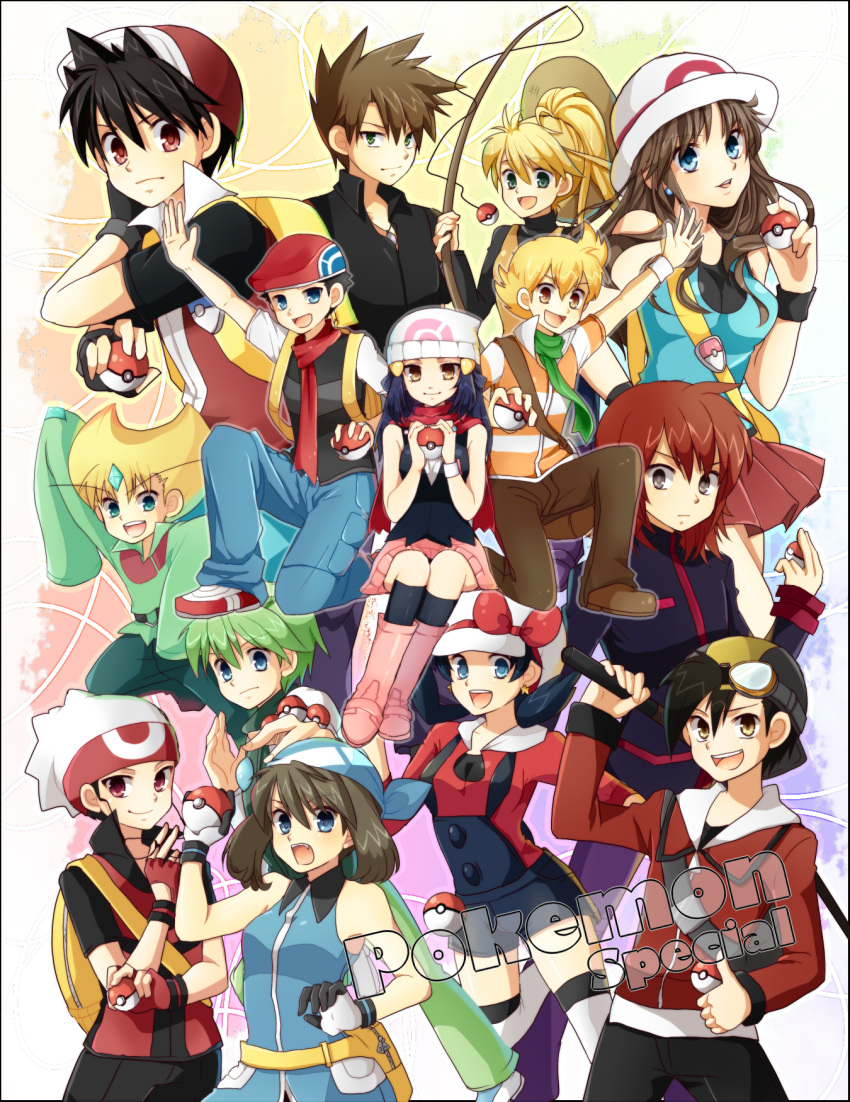 6+boys, alternate_costume, backpack, backwards_hat, bag, bandana, bandanna, baseball_cap