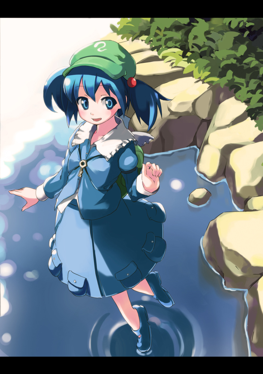 absurdres, backpack, bag, blue_eyes, blue_hair, gogo_shichi-ji, hair_bobbles, hair_ornament