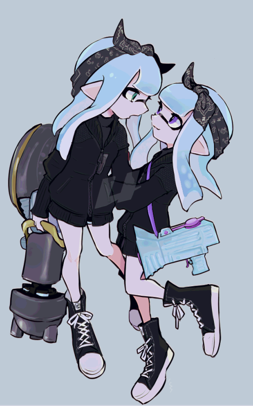 2girls, arm_hug, black_bow, black_hairband, black_jacket, black_shoes, black_shorts, black_sweater, blue_background, blue_hair, blunt_bangs, bow, bow_hairband, commentary, full_body, green_eyes, hair_bow, hairband, holding, holding_weapon, imaikuy0, inkling, inkling_girl, inkling_player_character, jacket, long_hair, long_sleeves, looking_at_another, multiple_girls, nautilus_(splatoon), pointy_ears, shoes, shorts, sneakers, splatoon_(series), splattershot_jr._(splatoon), sweater, symbol-only_commentary, tentacle_hair, turtleneck, turtleneck_sweater, violet_eyes, weapon, zipper_pull_tab