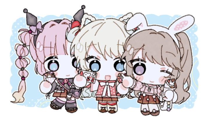 17_(i77_com), 3girls, :d, ;), anyoji_hime, black_jacket, blonde_hair, blue_background, blue_eyes, blush, border, braid, brown_dress, brown_hair, brown_shoes, chibi, chibi_only, commentary, dress, fang, fujishima_megumi, full_body, gradient_hair, hair_ears, hair_intakes, hashtag-only_commentary, hasu_no_sora_school_uniform, hello_kitty, hello_kitty_(character), holding, hood, hoodie, jacket, kuromi, link!_like!_love_live!, long_hair, love_live!, mira-cra_park!, multi-tied_hair, multicolored_hair, multiple_girls, official_alternate_costume, one_eye_closed, onegai_my_melody, open_mouth, osawa_rurino, pink_hair, pink_hoodie, pleated_dress, red_sweater, sanrio, school_uniform, shoes, side_ponytail, smile, standing, sweater, transparent_border, twintails, very_long_hair, violet_eyes, virtual_youtuber, winter_uniform, wish_me_mell