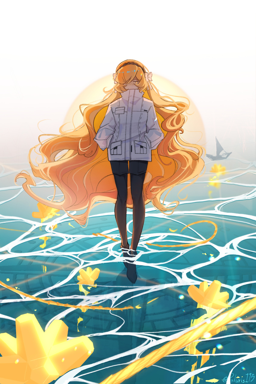 1girl, absurdres, black_pantyhose, black_shorts, boat, bow, dajie_de_erji_xian, full_body, hair_bow, hairband, highres, ishmael_(project_moon), jacket, limbus_company, long_hair, orange_hair, pantyhose, pantyhose_under_shorts, project_moon, rope, shorts, solo, very_long_hair, wading, water, watercraft, white_background, white_jacket, zwei_association_south_(identity)_(project_moon)