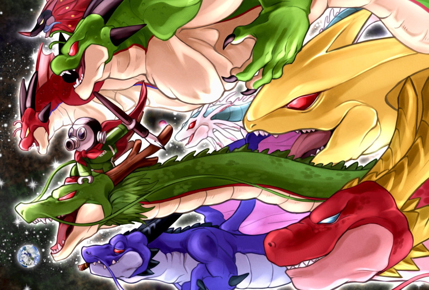 1boy, black_smoke_shenron, cape, d_norainu_b, dark_shenron, demon_realm_porunga, dragon, dragon_ball, dragon_ball_daima, dragon_ball_gt, dragon_ball_heroes, dragon_ball_super, earth_(planet), gas_mask, green_pants, green_scales, green_track_suit, highres, in-franchise_crossover, mask, pants, planet, porunga, red_cape, red_scales, shenron_(dragon_ball), super_shenron, toriyama_akira_(character), toronbo, track_suit, ultimate_shenron