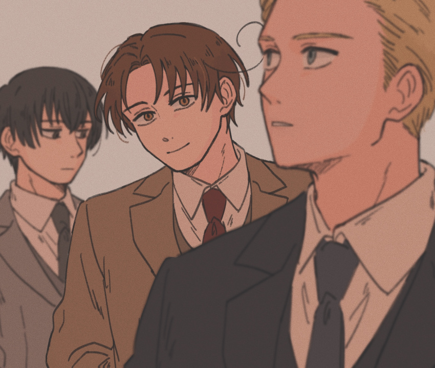 3boys, ahoge, axis_powers_hetalia, black_eyes, black_hair, black_jacket, black_necktie, black_vest