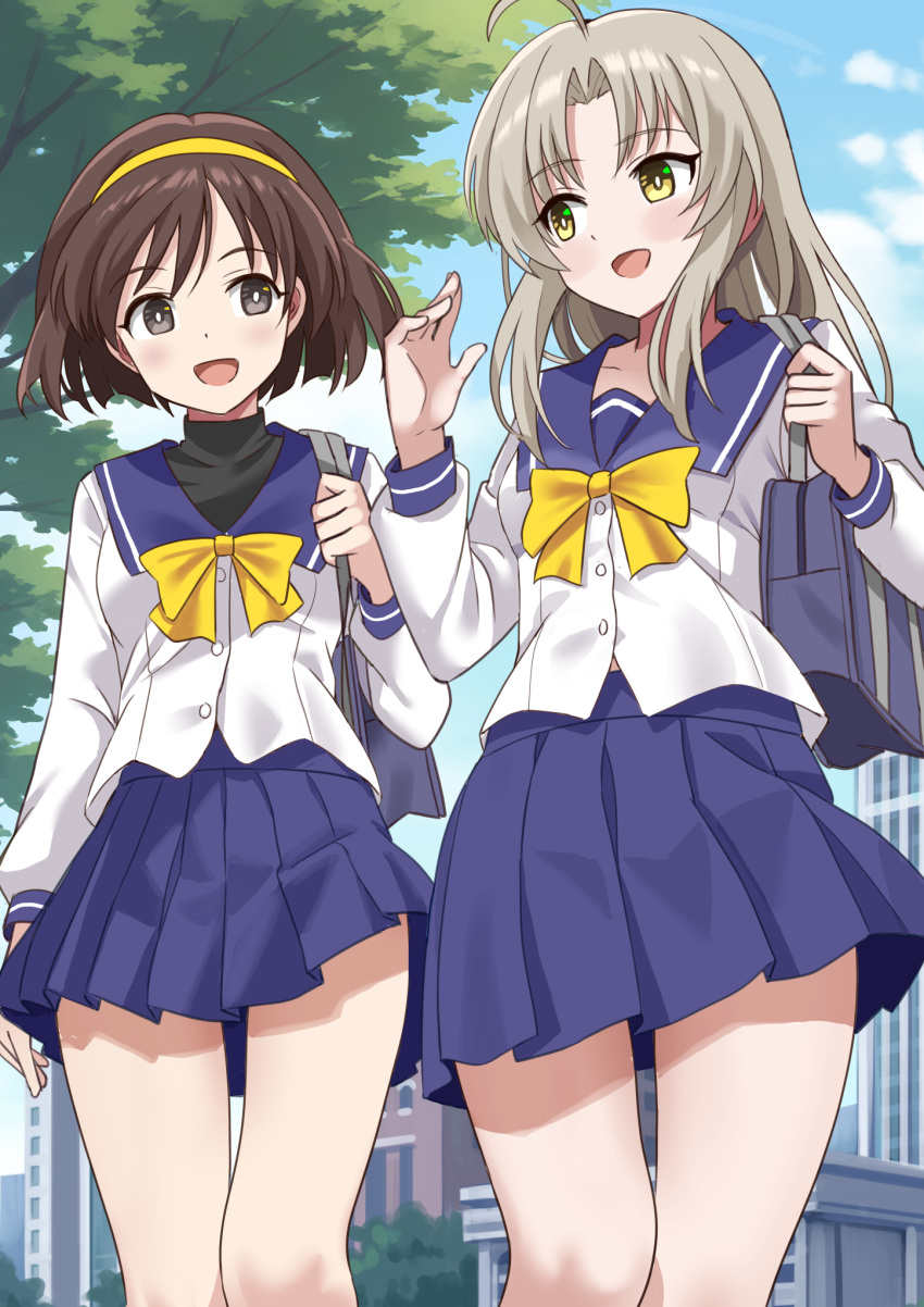 2girls, ahoge, bag, blue_sailor_collar, blue_skirt, blue_sky, brown_hair, building, city, clouds, collarbone, commentary_request, day, grey_eyes, hairband, highres, long_hair, long_sleeves, memories_off, multiple_girls, outdoors, parted_bangs, pleated_skirt, sailor_collar, school_bag, school_uniform, shimouki_izui, shirt, short_hair, sidelocks, skirt, sky, skyscraper, smile, tree, walking, white_shirt, yellow_eyes