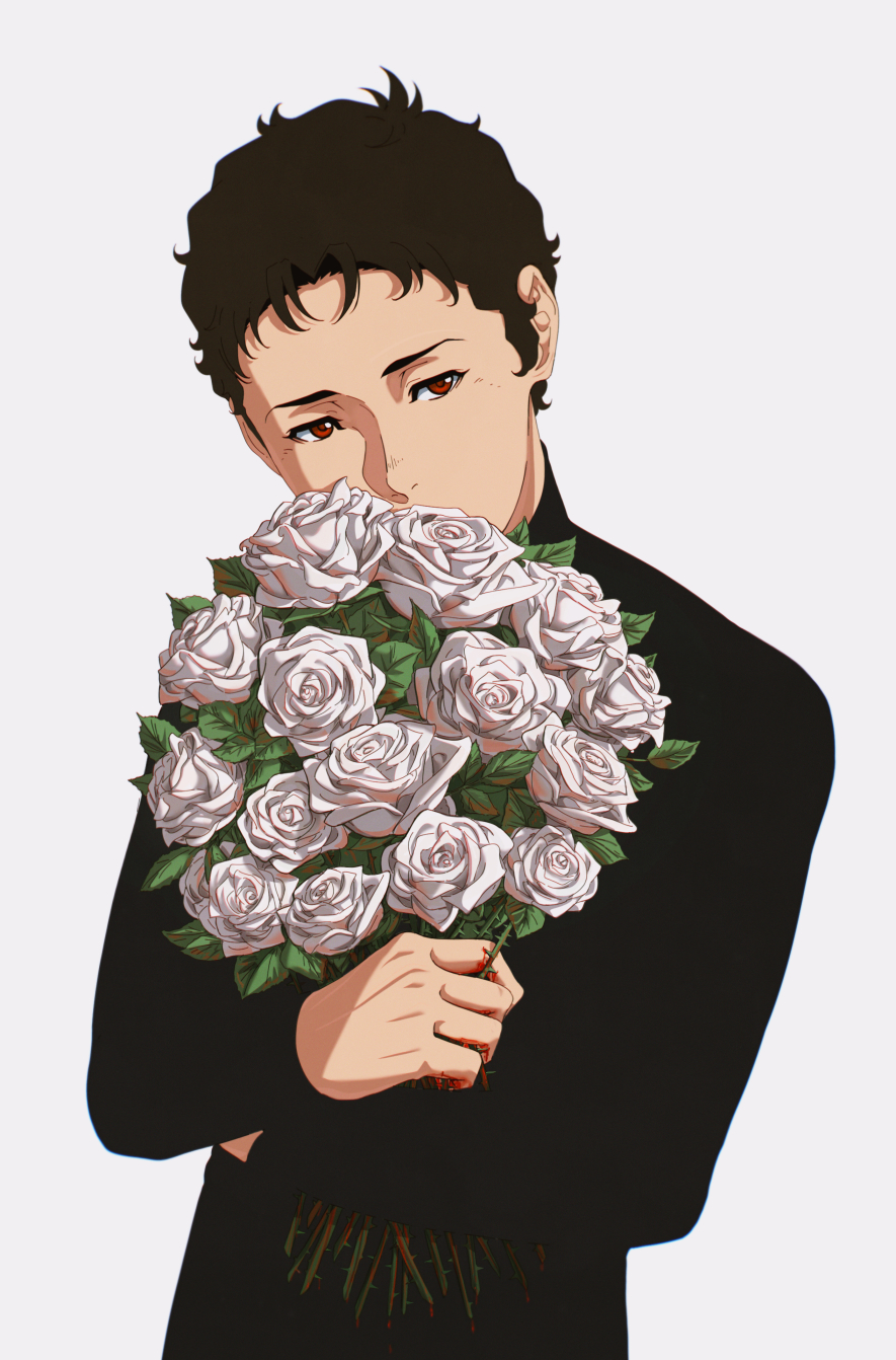 1boy, black_shirt, blood, blood_drip, blood_on_hands, bouquet, brown_hair, covered_mouth