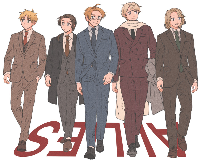 5boys, ahoge, alternate_costume, america_(hetalia), axis_powers_hetalia, black-framed_eyewear, black_coat, black_jacket