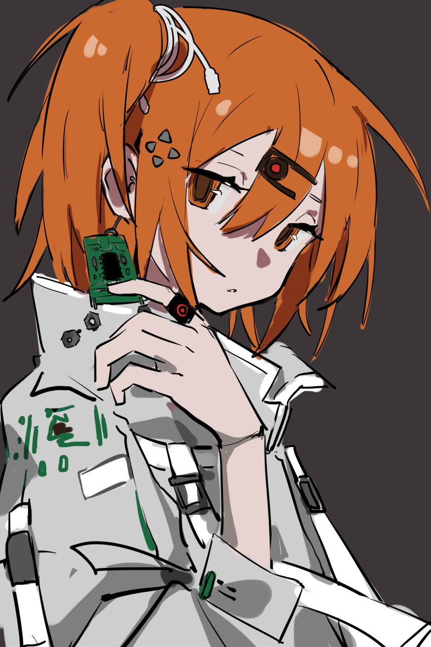 1girl, a.i._voice, absurdres, adachi_rei, alternate_costume, cable, cable_hair_ornament, circuit_board, commentary, earrings, grey_background, grey_jacket, hair_between_eyes, hair_ornament, hairclip, hand_up, highres, jacket, jewelry, long_sleeves, looking_at_viewer, mizhou_(mzhu112646), one_side_up, orange_eyes, orange_hair, ring, simple_background, solo, upper_body, utau