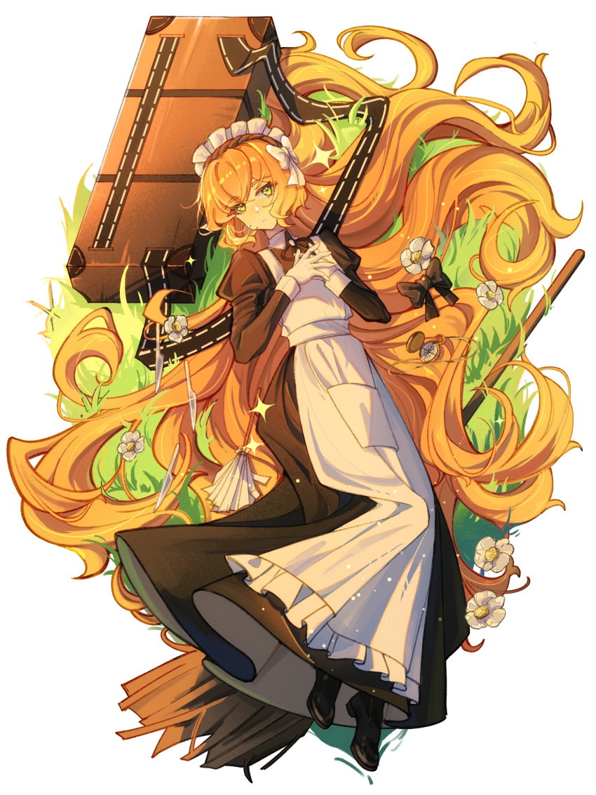 1girl, absurdres, apron, black_dress, broom, compass, dajie_de_erji_xian, dress
