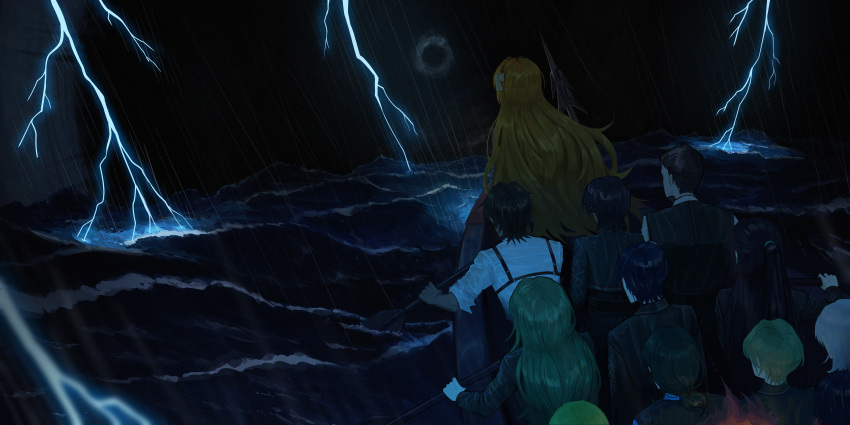 1other, 5boys, 5girls, absurdres, dante_(limbus_company), dark, don_quixote_(project_moon), faust_(project_moon), from_behind, gregor_(project_moon), heathcliff_(project_moon), highres, hong_lu_(project_moon), ishmael_(project_moon), lightning, limbus_company, meursault_(project_moon), multiple_boys, multiple_girls, night, ocean, outdoors, outis_(project_moon), project_moon, rodion_(project_moon), rowboat, rowing, sinclair_(project_moon), sinlu, the_pallid_whale, water, yi_sang_(project_moon)