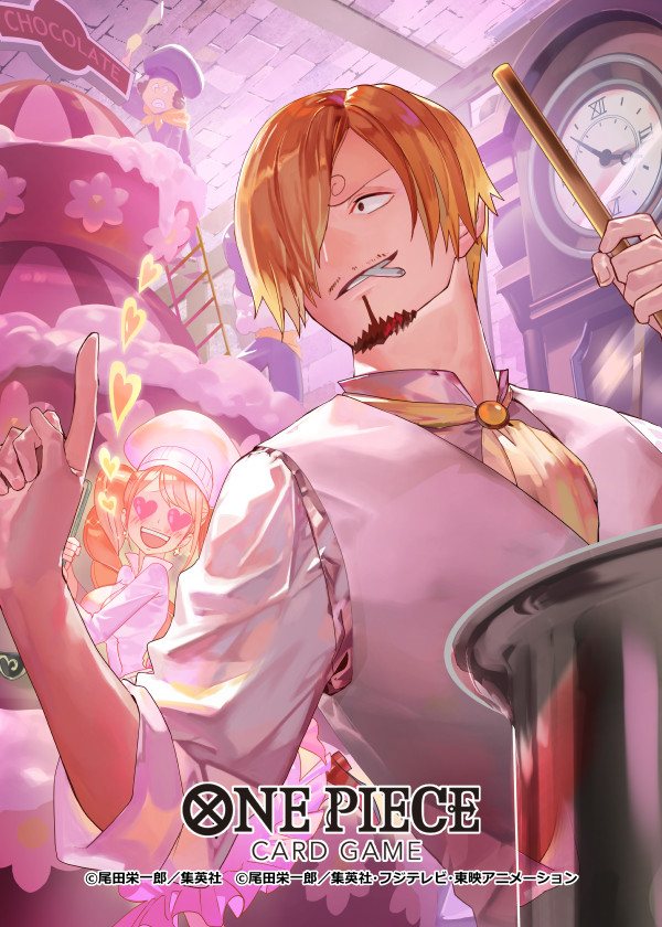 1girl, 3boys, cake, charlotte_pudding, chef_hat, commentary_request, copyright_name, curly_eyebrows, facial_hair, food, goatee, hair_over_one_eye, hat, heart, heart-shaped_eyes, holding, male_focus, matsumoto_akira, multiple_boys, mustache, official_art, one_piece, one_piece_card_game, sanji_(one_piece), shirt, sidelocks, solo, twintails, vest, white_shirt, white_vest