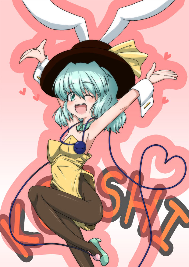 animal_ears, arms_up, ashcape, bare_shoulders, black_legwear, black_pantyhose, blush, bunny_ears