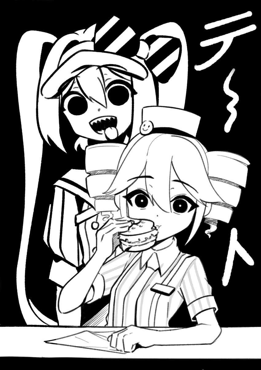 2girls, :t, absurdres, alternate_costume, black_eyes, bow, burger, buttons