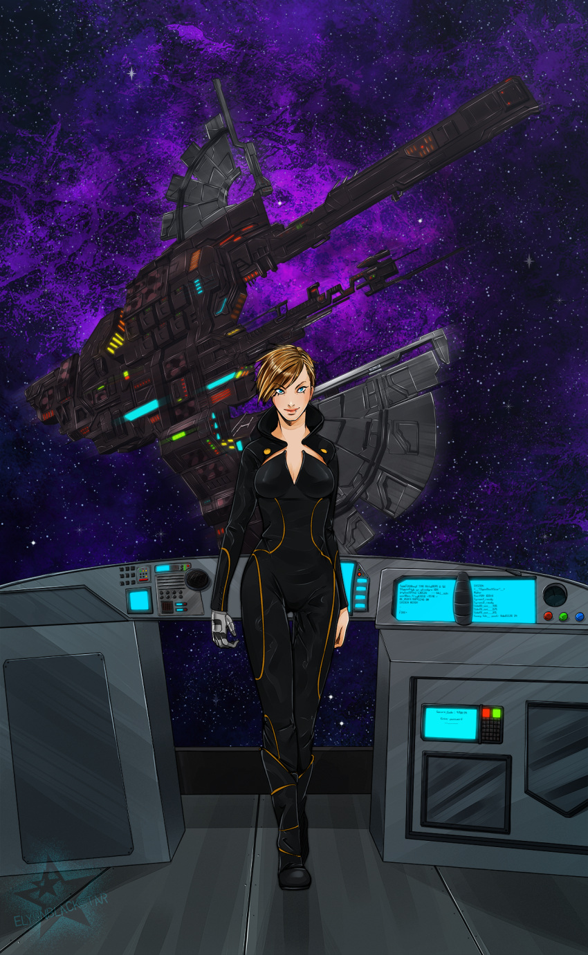 1girl, advanced_ship_(eve_online), artist_name, asymmetrical_bangs, asymmetrical_hair, battleship_(eve_online), black_bodysuit, blonde_hair, bodysuit, boundless_creation_(eve_online), breasts, brown_hair, closed_mouth, commentary, commission, cyborg, damillia_seraph, display, elyonblackstar, eve_online, glowing, highres, large_breasts, lip_piercing, lip_ring, lips, looking_at_viewer, marauder_(eve_online), mechanical_hands, military_vehicle, minmatar_republic_(eve_online), monitor, multicolored_hair, piercing, prosthesis, prosthetic_hand, purple_background, science_fiction, short_hair, single_mechanical_hand, sky, smile, solo, space, spacecraft, standing, star_(sky), starry_sky, starry_sky_background, tech_2_ship_(eve_online), thigh_gap, two-tone_hair, v-shaped_eyebrows, vargur_(eve_online)
