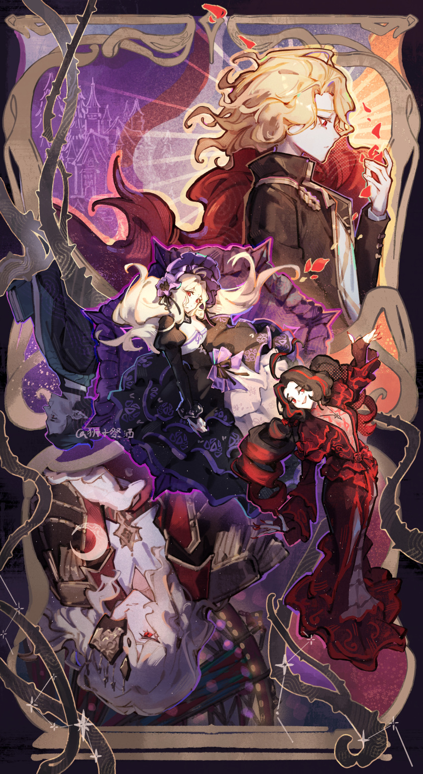 2boys, 3girls, absurdres, ahoge, black_dress, black_hair, black_jacket, blonde_hair