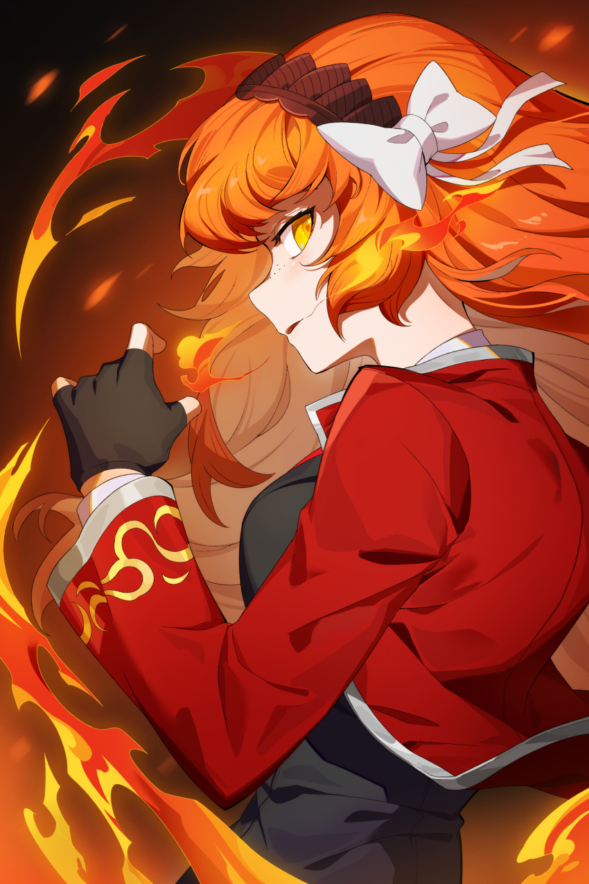 1girl, absurdres, black_gloves, black_jacket, bow, fingerless_gloves, fire, freckles