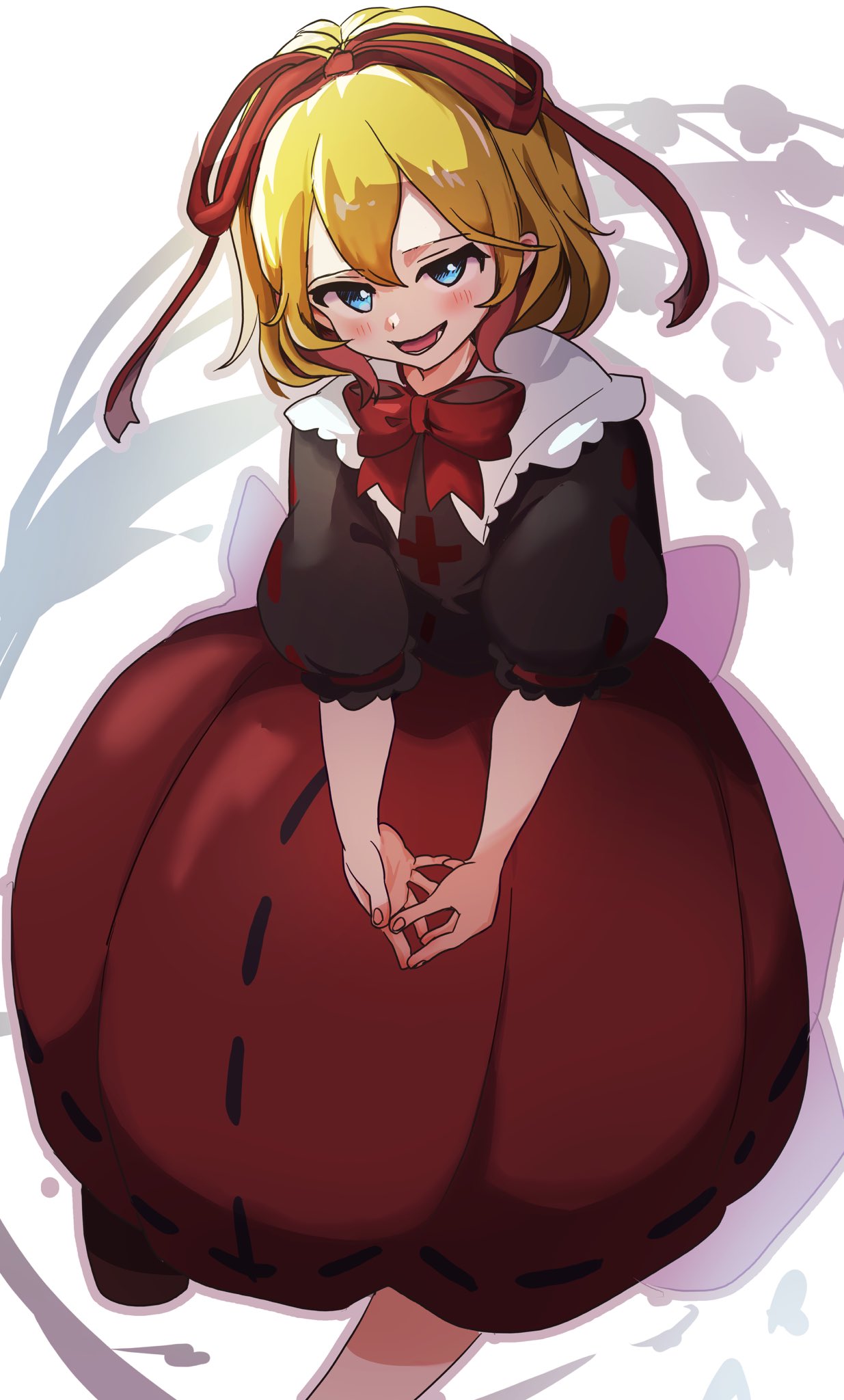 1girl, black_shirt, blonde_hair, blue_eyes, blush, bow, bubble_skirt, delta_delta