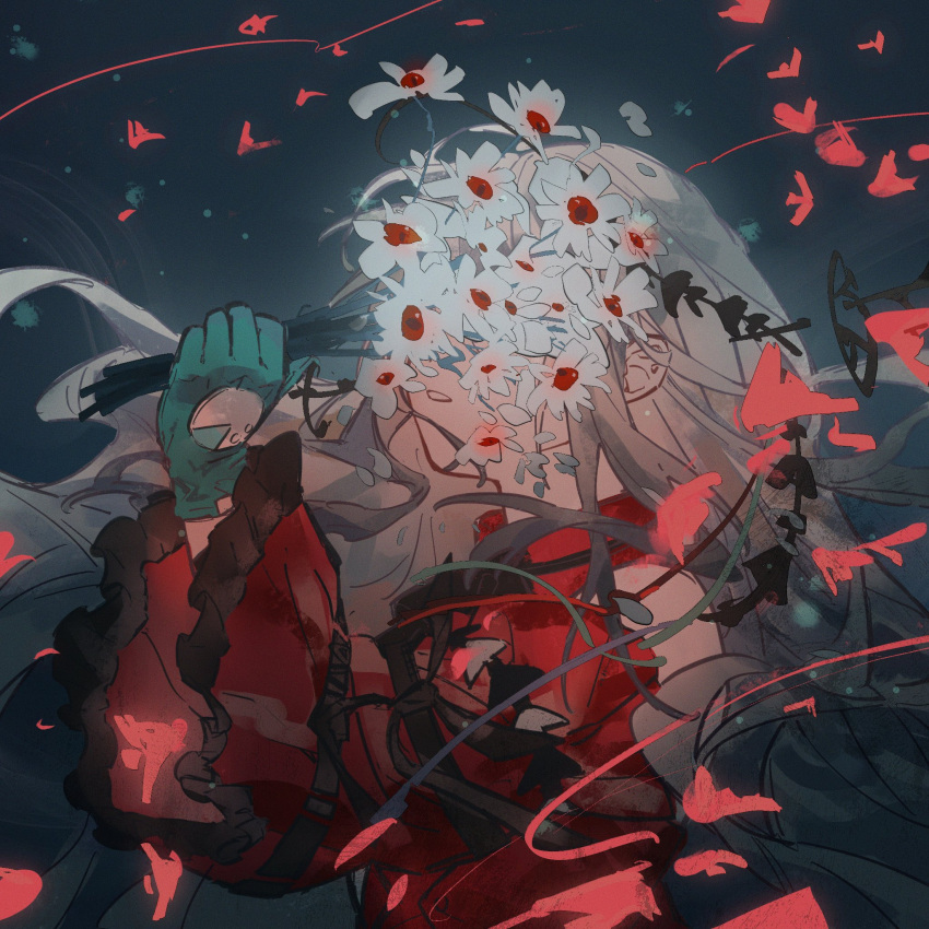 1girl, arknights, bare_shoulders, blue_background, bouquet, coffee_addictxx, commentary, covering_face, detached_sleeves, dress, facing_viewer, flower, gloves, gradient_background, green_gloves, grey_background, grey_hair, highres, holding, holding_bouquet, long_hair, long_sleeves, parted_lips, red_dress, skadi_(arknights), skadi_the_corrupting_heart_(arknights), solo, upper_body, white_flower