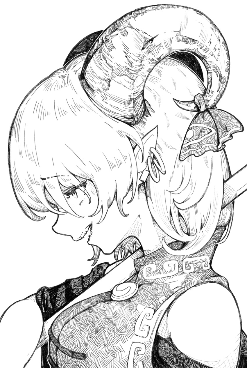 1girl, bare_shoulders, earrings, highres, horn_ornament, horn_ribbon, horns, jewelry