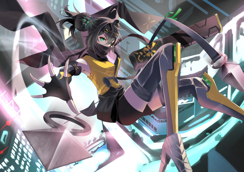 1girl, absurdres, black_gloves, black_hair, black_shorts, duel_monster, fingerless_gloves, gloves