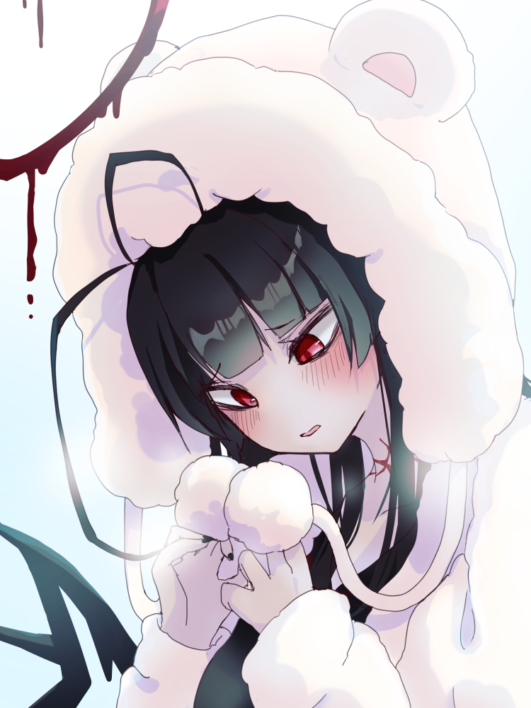1girl, animal_hood, antenna_hair, black_hair, blue_archive, blunt_bangs, blush, fur-trimmed_hoodie